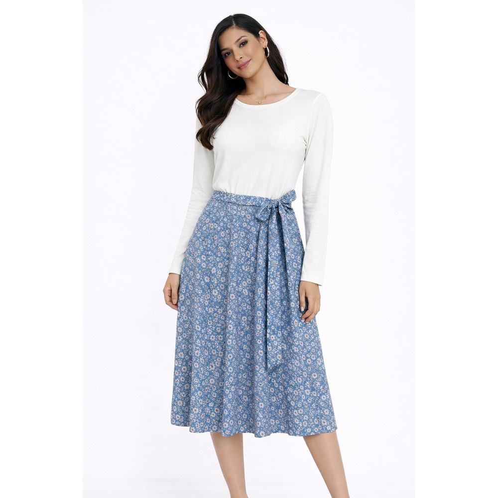 Zattcas Women White Ribbed Long Sleeve Floral Print Midi Dress Belted‎ XL